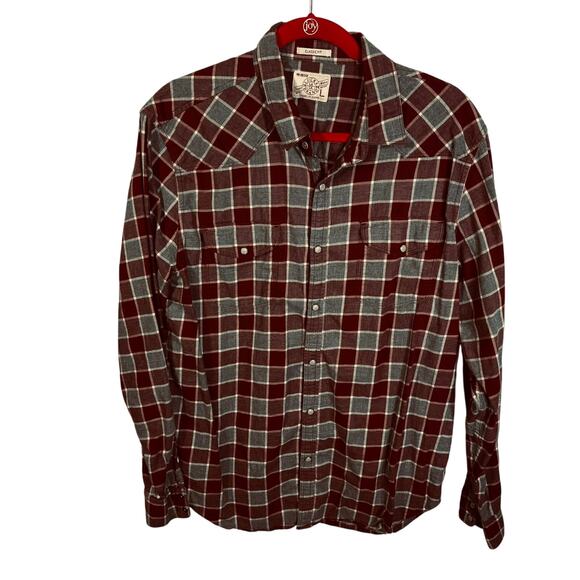 Lucky Brand Western Men's Large Thick Cotton Shirt Pearl Snap Checkered Red Gray - Picture 1 of 7